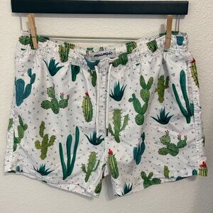 Men's White Cactus Print Swim Trunks